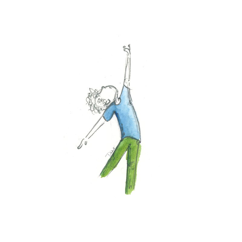 A watercolor illustration of a kid in a blue shirt and green pants, jumping and dancing. A perfect theater gift for theater lovers.