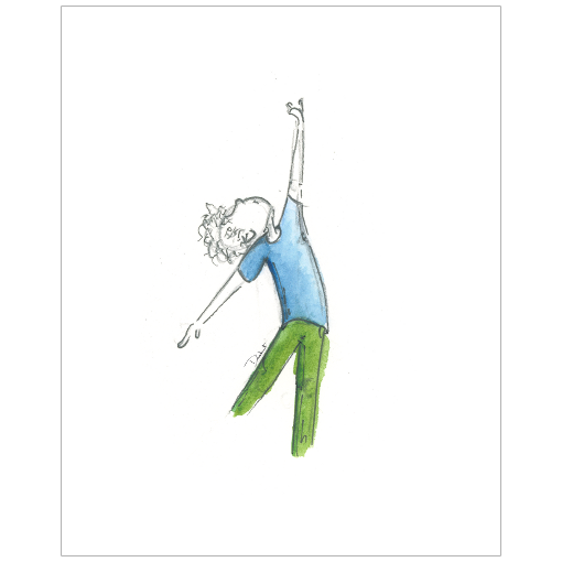 A watercolor illustration of a little dancer in mid-movement, with arms raised and one leg lifted, wearing a blue top and green pants. A perfect theater gift for theater lovers.