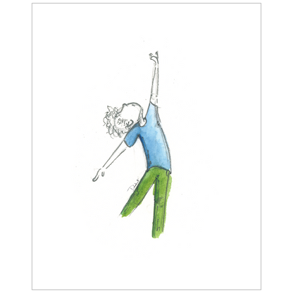 A watercolor illustration of a little dancer in mid-movement, with arms raised and one leg lifted, wearing a blue top and green pants. A perfect theater gift for theater lovers.