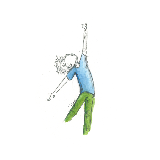 A watercolor painting of a little kid in a dancing pose, wearing a blue shirt and green pants. A perfect theater gift for theater lovers.