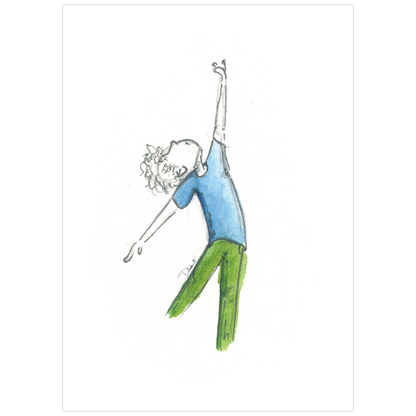 A watercolor painting of a little kid in a dancing pose, wearing a blue shirt and green pants. A perfect theater gift for theater lovers.