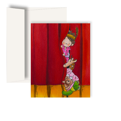 A greeting card with an illustration of a child peeking around a curtain with a cast of colorful, cartoon-like theater characters. A perfect theater gift for theater lovers.