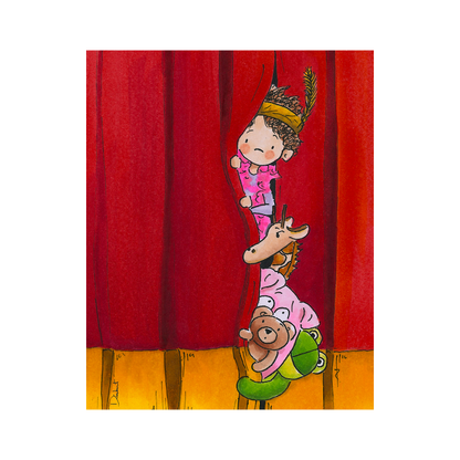 Illustration of a young child with a crown peeking around a curtain, accompanied by cartoonish animals wearing theater makeup. A perfect theater gift for the theater lover in your life! 