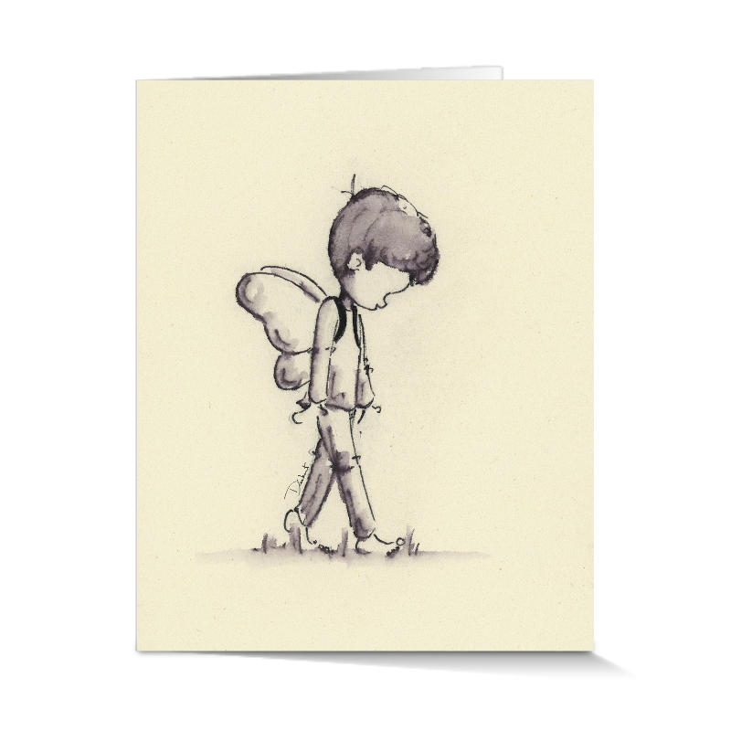 A greeting card featuring a simple illustration of a child with fairy wings, walking on a grassy surface. A perfect theater gift for theater lovers.