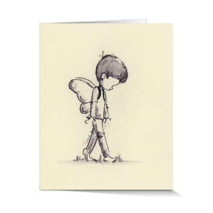 A greeting card featuring a simple illustration of a child with fairy wings, walking on a grassy surface. A perfect theater gift for theater lovers.