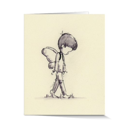 A greeting card featuring a simple illustration of a child with fairy wings, walking on a grassy surface. A perfect theater gift for theater lovers.