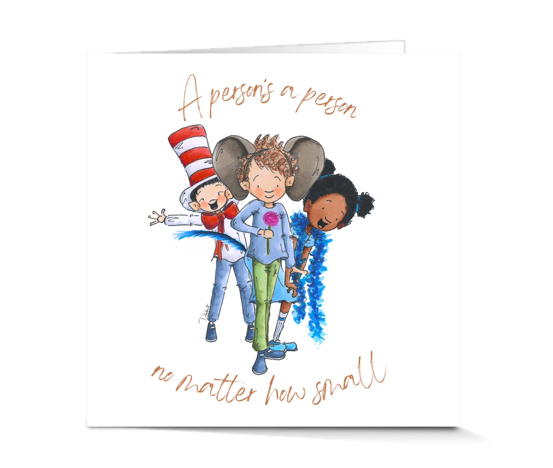 Illustration of children with a quote about people being people no matter how small, on a white background. Inspired by the musical Seussical. A perfect theater gift for theater lovers.