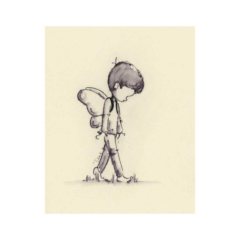 A stylized illustration of a child with fairy wings, walking in a grassy field. The artwork is primarily in pencil and watercolor with a limited color palette. A perfect theater gift for theater lovers.