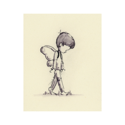 A stylized illustration of a child with fairy wings, walking in a grassy field. The artwork is primarily in pencil and watercolor with a limited color palette. A perfect theater gift for theater lovers.