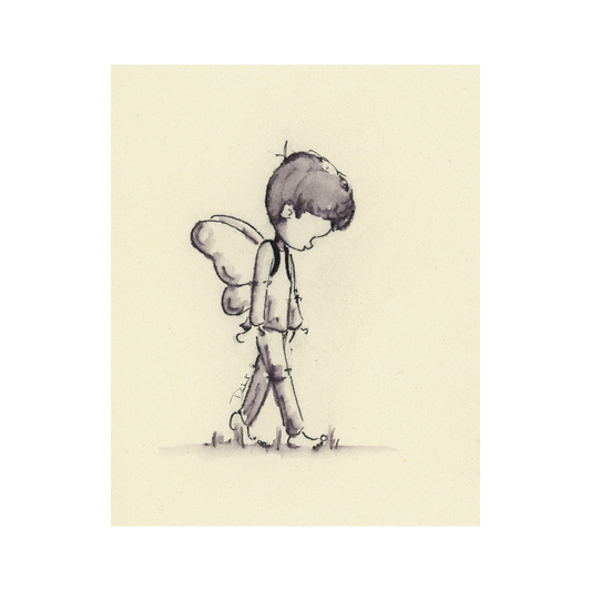 A stylized illustration of a child with fairy wings, walking in a grassy field. The artwork is primarily in pencil and watercolor with a limited color palette. A perfect theater gift for theater lovers.