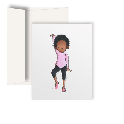 A hand-drawn greeting card illustration of a character named Arthur in a dance pose, wearing a pink top and black pants, with a stylized representation of Fosse's choreography. A perfect theater gift for theater lovers.