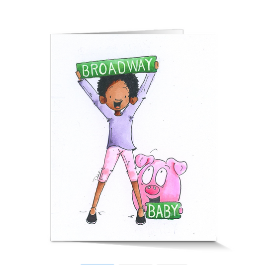Illustration of a black boy holding a 'Broadway Baby' sign. A perfect theater gift for theater lovers. 