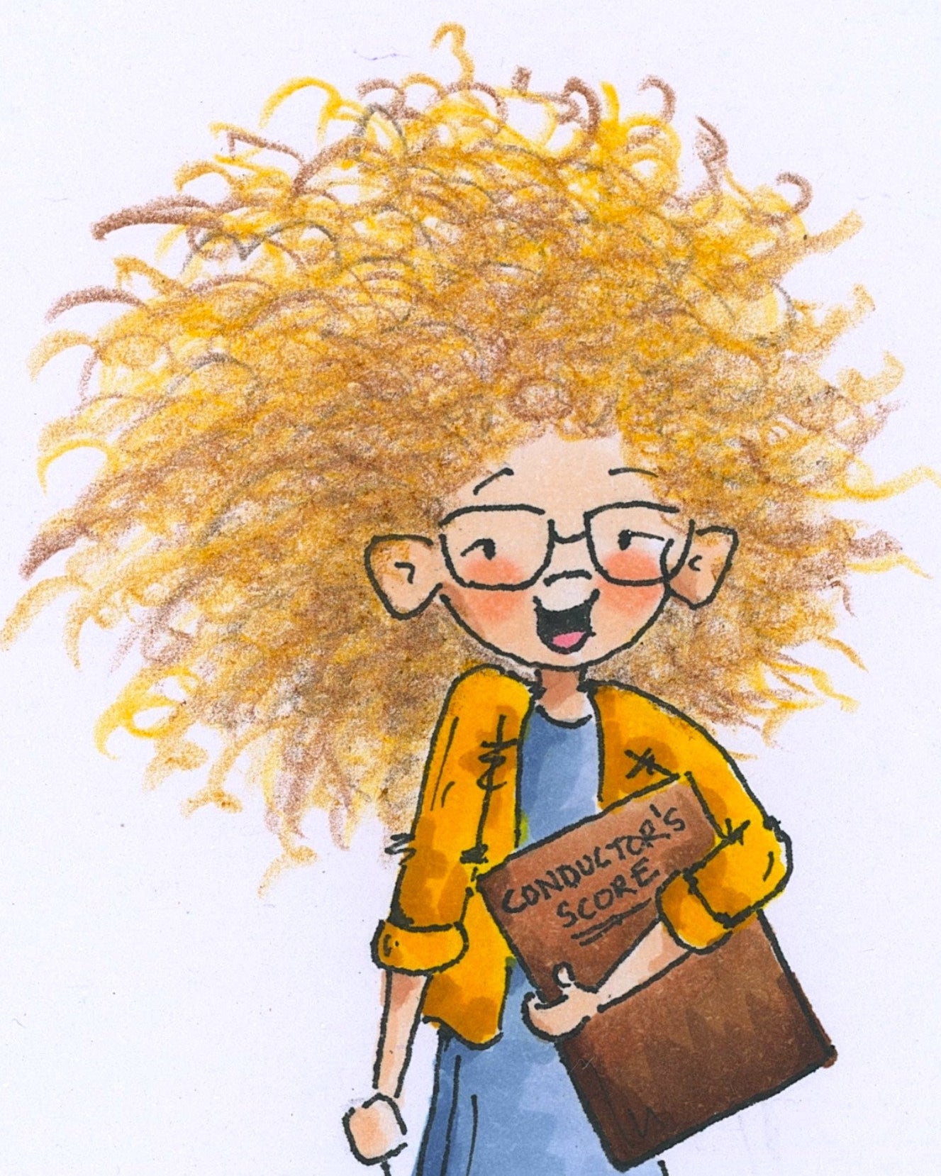 Illustration of a girl with curly hair holding a script, with text 'First Day of Rehearsal' on a white background.