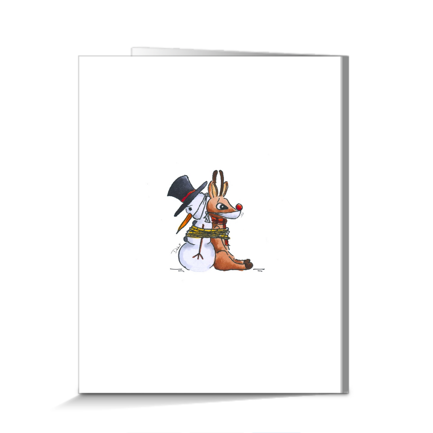 Greeting card with a cartoon snowman and rabbit design on a white background