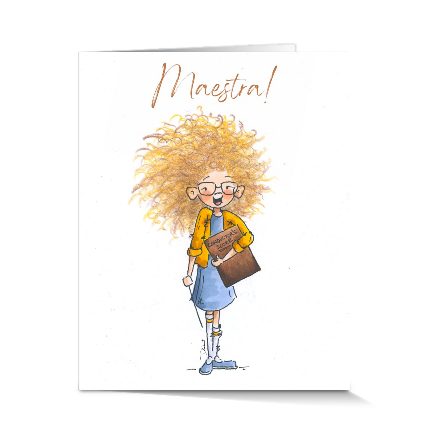 Card with illustration of a little theatre kid with 'Maestra!' text on a white background. A perfect theater gift for the theater lover in your life!