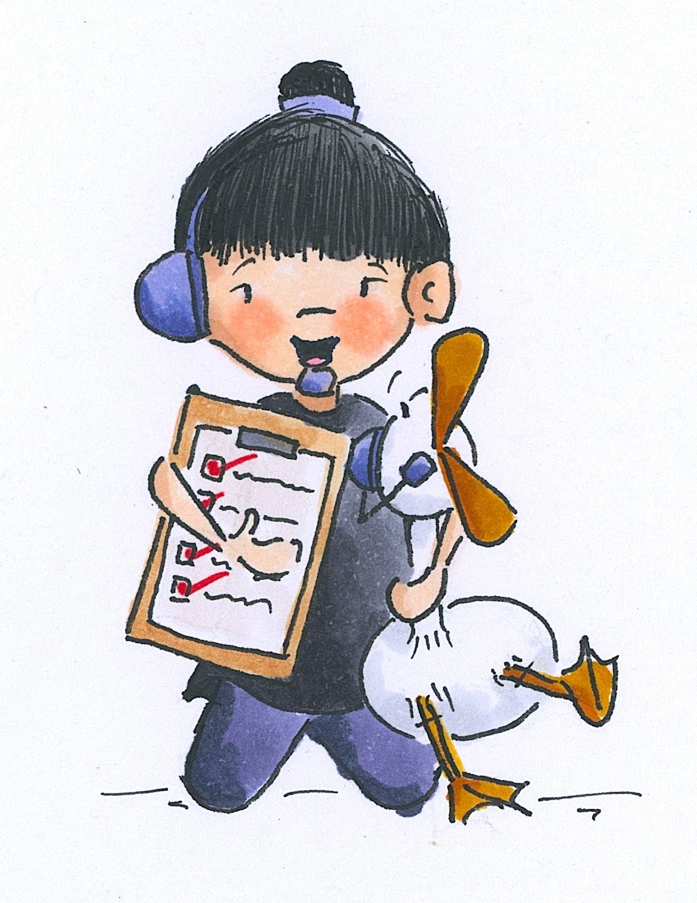 Cartoon character with a checkboard and a duck on a white background