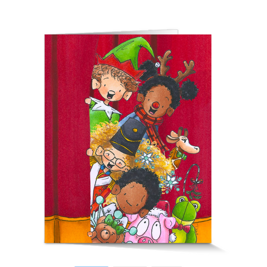 Little theater kids peeking out from behind the red curtain. A perfect theater gift for theater lovers.